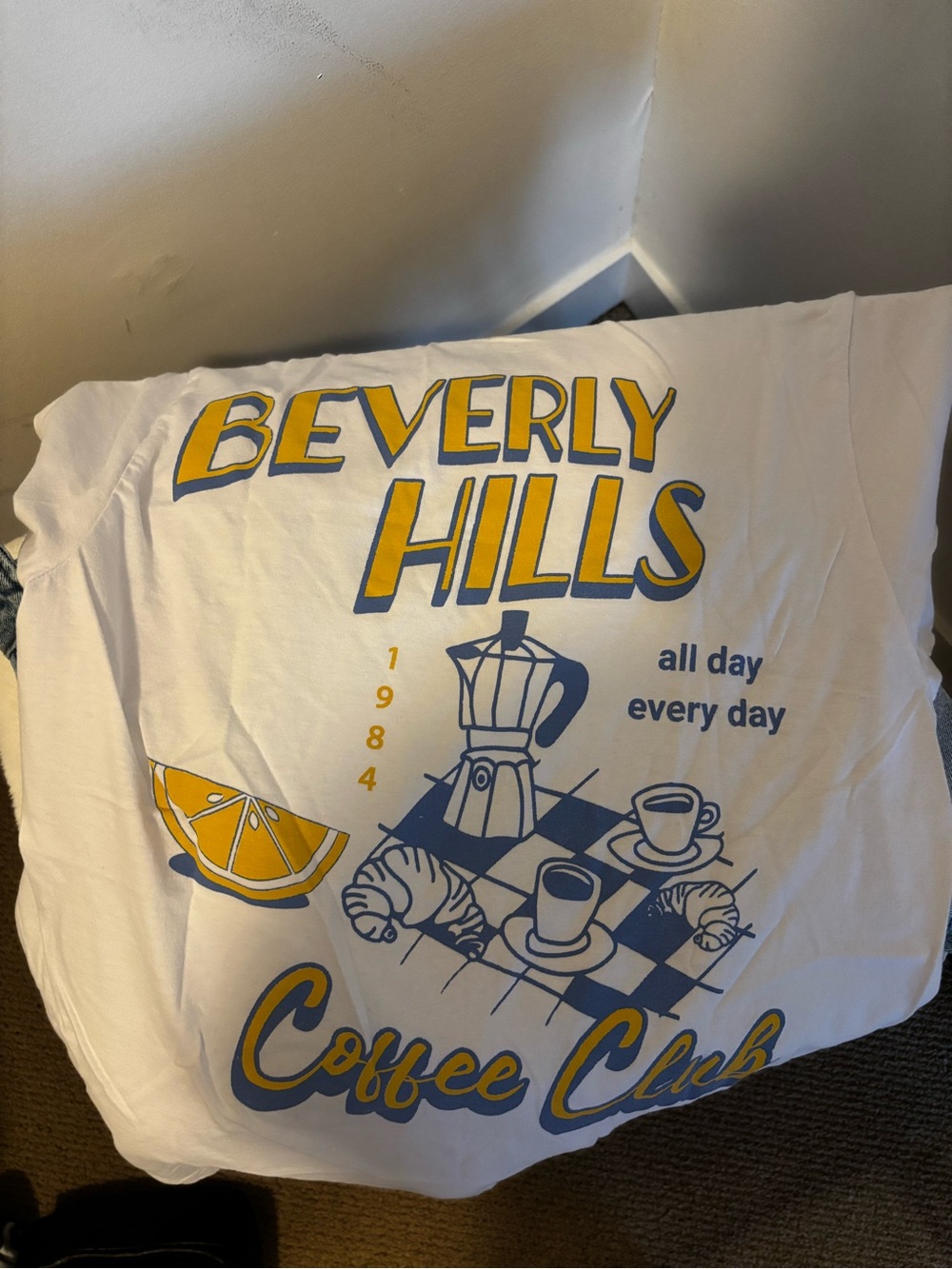 Beverly Hills Coffee Club Graphic Tee - White with Yellow & Blue Print
